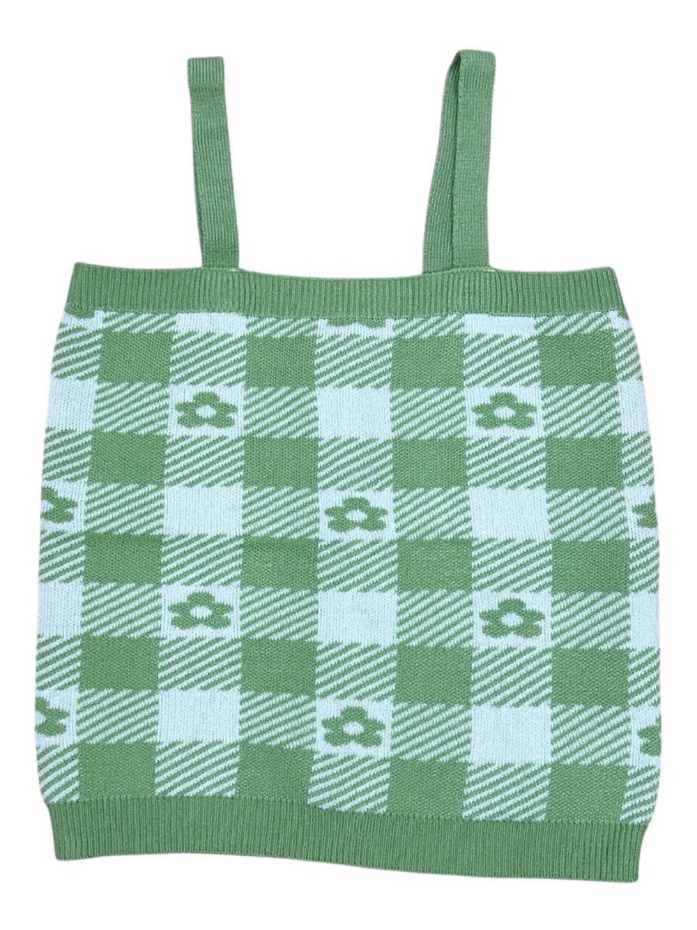 Girls Full Tilt Green and White Plaid Knit Tank with Floral Motif